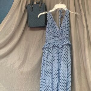 Light Blue Printed Halter Romper with Smocked Waist